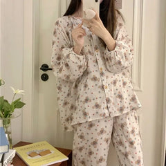 Bxoxo Women's Sweet Cute Pajamas Set Female Korean Style Home Clothing Girl Bear Foral Print Sleepwear Long Sleeve Pant Nightwear 2XL