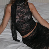 BXOXO Wome's Summer Sleeveless Lace Camisole Mesh See Through Floral Sheer Mock Neck Tank Tops Sexy Slim Fit Clubwear