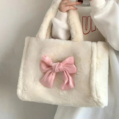 BXOXO Kawaii Lolita Women Shoulder Bag Cute Soft White Plush Handbag Large Capacity Sweet Fashion Designer Exquisite Tote Bag