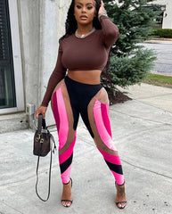 BXOXO Mesh Patchwork Print Leggings Women Hipster Y2K Stitching Color Match Sheath Pants High Waist Body-Shaping High Streetwear