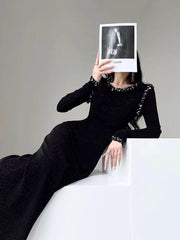 Bxoxo Elegant Hepburn Style Black Dress Women Fashion Sequin Patchwork Luxurious Midi Dress Y2K Korean Office Lady All Match Vestidos