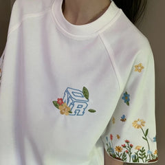 Bxoxo Korean Casual Short Sleeve Women T Shirts Y2K Chic Flower Embroidery Loose O Neck Tees Bf Summer Fashion Cotton Tops New