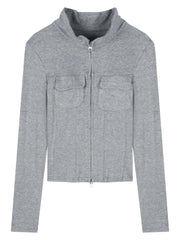 BXOXO Women T-shirt Spring Autumn Clothes Ribbed Knitted Long Sleeve Short Tops Zipper Design Tee Sexy Female Slim Tops