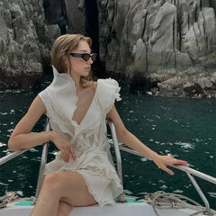 BXOXO Elegent Layered Ruffle Edge Mini Dresses Women Sexy Boat Neck Sleeveless Backless Solid Dress Summer Lady Vacation Vestidos