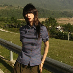 Bxoxo Y2k Vintage Shirt Women Short Sleeve Irregular Casual Shirt Plaid 2000s Japanese Summer Shirt Tee E-girls Streetwear