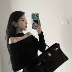 Bxoxo Vintage Knitting Short Tops Tees Spring Autumn New Long Sleeve Slash Neck Solid Slim Bottoming Shirt Sexy Fashion Women Clothing