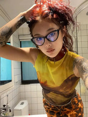 BXOXO Vintage Tank Tops Women Sleeveless Mesh Tops Y2k Retro Crop Tops Streetwear Tank Female 2000s Japanese Tee Tops Summer