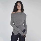 Bxoxo Sexy Slash Neck T Shirt Women Autumn Fashion Irregular Slim Long Sleeve Tops Y2K Korean Chic Folds All Match Female Tees New