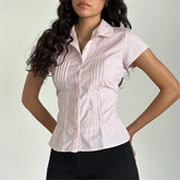BXOXO Women Coquette Short Sleeve Button Up Shirt Y2K Preppy Vintage Tie Waist Lapel Tshirt Aesthetic Crop Top Streetwear