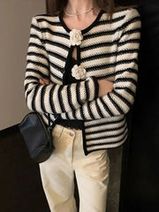Bxoxo Stripe Knit Cardigan for Women Autumn Fashion 3D Flower Long Sleeve Female Knitwear Korean Elegant Slim All Match Button Coats