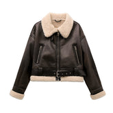 Bxoxo New Woman's Fashion Thick Warm Faux Shearling Jacket Coat Vintage Long Sleeve Belt Hem Female Outerw