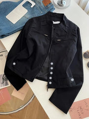 Bxoxo Black Stand Collar Crop Jacket Women Y2K Korean Loose Streetwear Zipper Casual Coats Female Fashion Autumn All Match Outerwear
