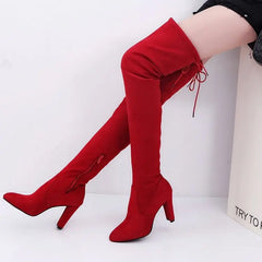 BXOXO Winter Over The Knee Women Boots Stretch Fabrics High Heel Slip On Shoes Pointed Toe Woman Long Boots Size Plus Size34-43