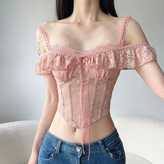 Bxoxo Cute Coquette Pink Corset Top Sweet Sexy Lace Transparent Crop Tops with Ruffles y2k Aesthetic Solid Tees Ladies Elegant