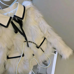 Bxoxo Fashion Faux Fox Fur Women Coat Y2K Korean Chic Patchwork Single Breasted Crop Jacket Winter Warm Elegant Bow Fluffy Outerwear