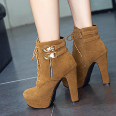 BXOXO New Autumn Ankle Boots for Women Platform High Heels Shoes Woman Buckle Short Booties Casual Faux Suede Footwear