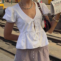 Bxoxo Kawaii White Puff Sleeve Cropped Top Sexy Lace-up Slit Loose Blouse for Women Summer Casual Solid T-shirts y2k Aesthetic