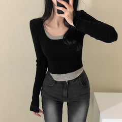 Bxoxo Contrast Stitching Crop Top Harajuku y2k Casual Full Sleeve Patchwork T-shirts for Women Fall Basic Tee Ladies Streetwear