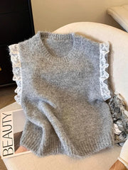 Bxoxo Lace Patchwork Sweet Sweater Vest Women Vintage O Neck Casual Knitted Tops Korean Preppy Style Lady Lazy Wing Cute Vest New