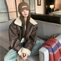 Bxoxo American Retro Pu Leather Jacket Women Y2K Streetwear Loose Lapel Motorcycle Coats Bf Winter Thick Lamb Warm Outwear New