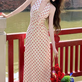 Bxoxo Sweet French Style Heart Print Satin Dress Neck Hanging Women's Maxi Skirt V-neck Sleeveless Empire Waist Spring Summer New