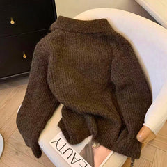 Bxoxo Lapel Lace Up Knitted Sweater for Women Autumn Loose Thick Warm Casual Pullovers Korean Long Sleeve All Match Jumpers Mujer