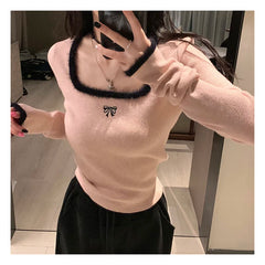 Bxoxo Women Butterfly Embroidered T-shirts Square Neck Long Sleeve Patchwork Y2K T-Shirts Casual Tees Women Autumn Winter