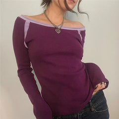 Bxoxo Fairy Grunge Top y2k Vintage Aesthetic Patchwork Off Shoulder Long Sleeve T Shirt 2000s Women Clothes Casual Streetwear