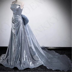 BXOXO Silver Sequin A Line Prom Dress Strapless Beading Detachable Bow Special Occasion Dresses Backless فساتين للمناسبات الخاصة