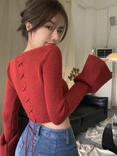 Bxoxo Y2K Women Knitted Pullovers Autumn Sexy Slim Lace-Up Crop Sweater Lady Korean Fashion Streetwear All-Match Flare Sleeve Knitwear
