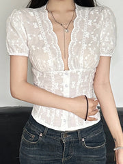 Bxoxo Fashion Simple Lace V-Neck Chic Sweet Shirts Cute Japan Style Slim Fit Women Summer New Blouses