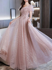 BXOXO Customized Sweet Temperament Square Collar Puff Sleeve Birthday Party Dresses Front Floral Beading Embroidery Robe Simple Lurex