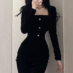 BXOXO Elegant Black Velvet Dress Women's Long Sleeve Fish Tail Simple Style European And American Fashion Autumn/Winter French Chic