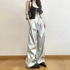 Bxoxo Silver Pu Leather Women Wide Leg Pants Autumn High Waist Streetwear Loose Punk Trousers Y2K Korean Fashion Casual Straight Leg