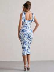 BXOXO Floral Print Backless Sexy Maxi Dress For Women Gown Spaghetti Strap Square Collar Ruched Bodycon Club Party Dress