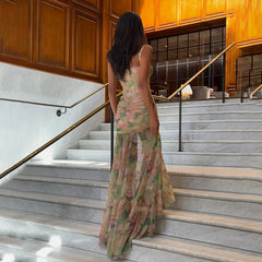 Bxoxo Sexy High Waist Split Floral Print Bodycon Spaghetti Strap Dress Summer Fashion Party Vacation Beach New Women Vestidos