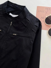 Bxoxo Black Stand Collar Crop Jacket Women Y2K Korean Loose Streetwear Zipper Casual Coats Female Fashion Autumn All Match Outerwear