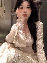 Bxoxo Autumn Elegant Velvet Midi Dresses For Women Lace Patchwork Flare Sleeve A-line Birthday Party Dress Vestidos Mujer New