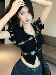 Bxoxo Harajuku Y2K T Shirt Women Slim Sexy Cropped Double Zipper Vintage Tees Streetwear Vintage American Casual O Neck Lady Tops