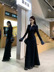 Bxoxo Black Patchwork Long Sleeve Knit Dress Women Autumn Korean Lapel Midi Dress Y2K Elegant Office Lady All Match Party Vestidos