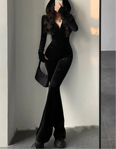 BXOXO Autumn Sexy Bodycon Black Velvet Jumpsuit Women Fashion Hooded Zipper Flare Pants Rompers Vintage Y2k Streetwear Winter Outfits