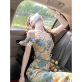 Bxoxo Romantic Korean Style One Shoulder Dress Women Summer French Tea Break Beach Vacation Long Skirt Sleeveless Midi Dress