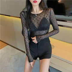 BXOXO Fashion Moon See Through Mesh Bottoming T-shirts 2025 Summer Sexy Slim Fit Tops Women Y2k Grunge Long Sleeve Black Tee Shirt