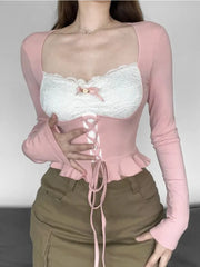 BXOXO Pink Long Sleeve Top Women Coquette Girl Aesthetic Sexy Lace Patchwork Square Collar Bandage Slim T-shirt Y2k Crop Top