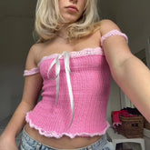 BXOXO Vintage Knitted Chest Wrap Crop Tops Patchwork Strapless Camis Fairycore Y2K Coquette Backless Tube Tops Chic Women Vest