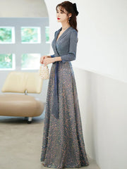 BXOXO DRESS TO IMPRESS Temperament V-Neck Formal Dress Shiny Elegant 3/4 Sleeve Lace up Slim Banquet Gown New Long Blue Sequin Party Vestido