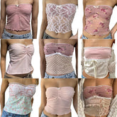 BXOXO Coquette Cute Pink Bandeau Tube Tops Fairycore Y2K Floral Lace Trim Strapless Crop Tops 90s Vintage Backless Camis