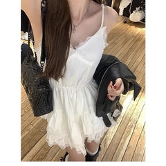 BXOXO Irregular Lace Patchwork Camisole Dresses 2025 Summer New V-neck Dress for Women Y2k E-Girl Slim Waist Ruched Vestidos Mujer