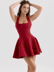 BXOXO Halter Backless A-line Sexy Mini Dress For Women Robe Fashion Square Collar Sleeveless High Waist Pleated Dress Elegant