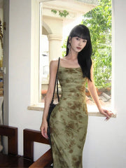 Bxoxo Retro Printed Camis Dress Women Summer Sexy Slim Spaghetti Straps Backless Party Dress Korean Chic Elegant Beach Vestidos New